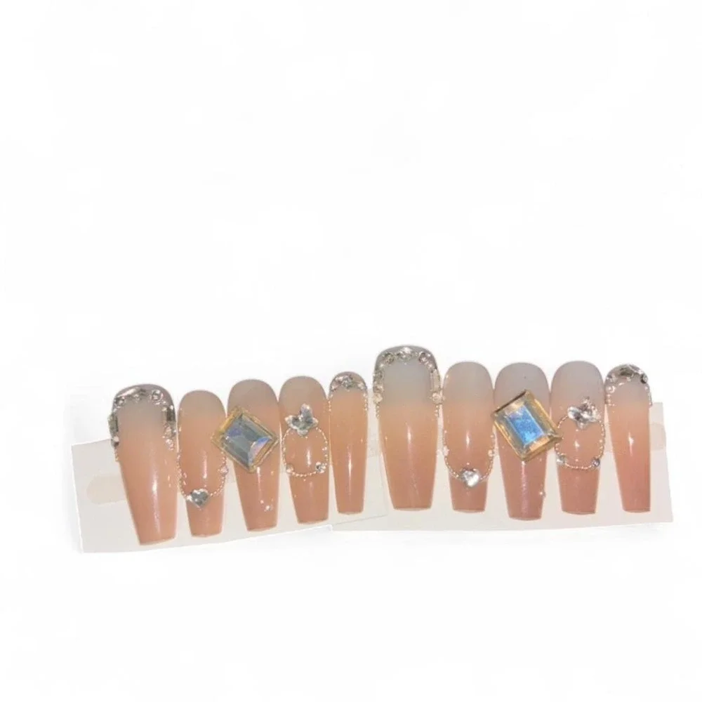 Luxury nude ombré press on nails with silver rhinestone detailing
